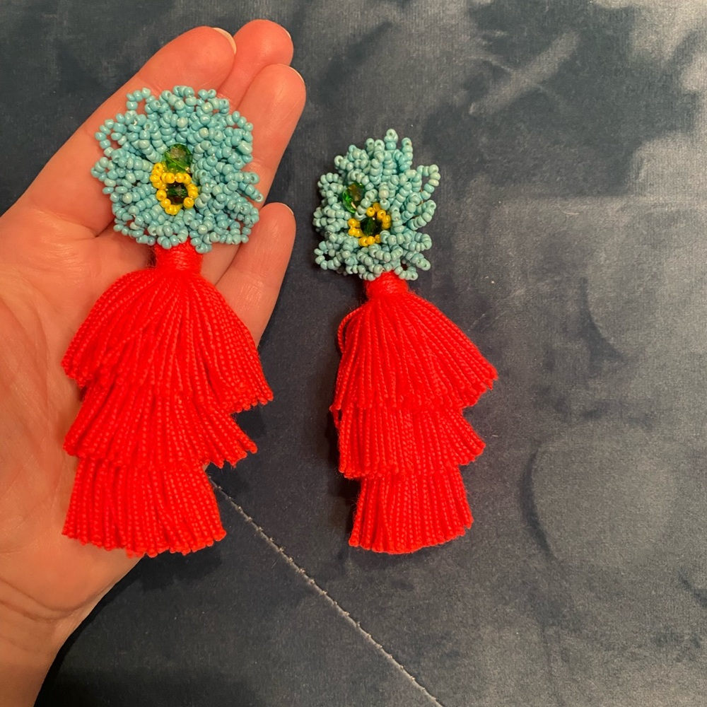 Large hot pink tassel beaded earrings!